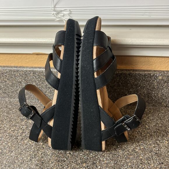 Vionic Women 6.5 Wide Black Leather Sandal Ankle Strap Open Toe Sling Back Wedge - Picture 5 of 11